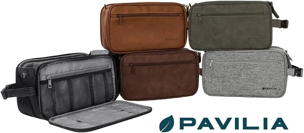 PAVILIA Toiletry Bag for Men, Travel Essentials Shaving Dopp Kit, Mens Travel Bag Toiletries Organizer Case for Grooming, PU Leather Water Resistant Cosmetic Bag Pouch (XL, Black)