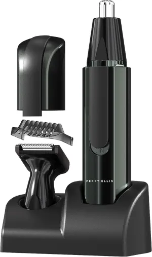 Perry Ellis Cordless Mens Grooming Kit w/Stand | Beard Trimmer for Men w/ 2 Interchangeable Heads | Eyebrow, Sideburns, Ear and Nose Hair Trimmer for Men | Water Resistant | Adjustable Trimming Guide