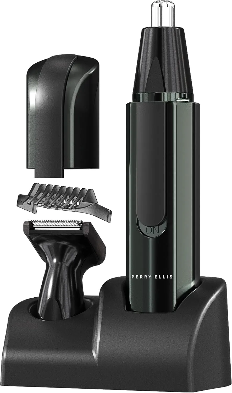 Perry Ellis Cordless Mens Grooming Kit w/Stand | Beard Trimmer for Men w/ 2 Interchangeable Heads | Eyebrow, Sideburns, Ear and Nose Hair Trimmer for Men | Water Resistant | Adjustable Trimming Guide