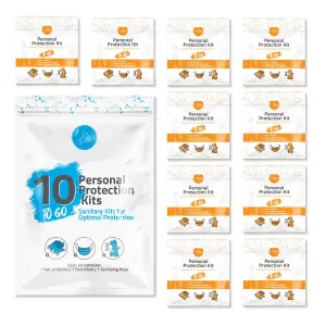 Personal Protection Kits – Mini 3 Item 10 PACK | Convenience on the Go | Individually wrapped pack for travelling | PPE Kit | Plastic Gloves, Hand Cleansing Wipes, Disposable Face Mask (Orange)