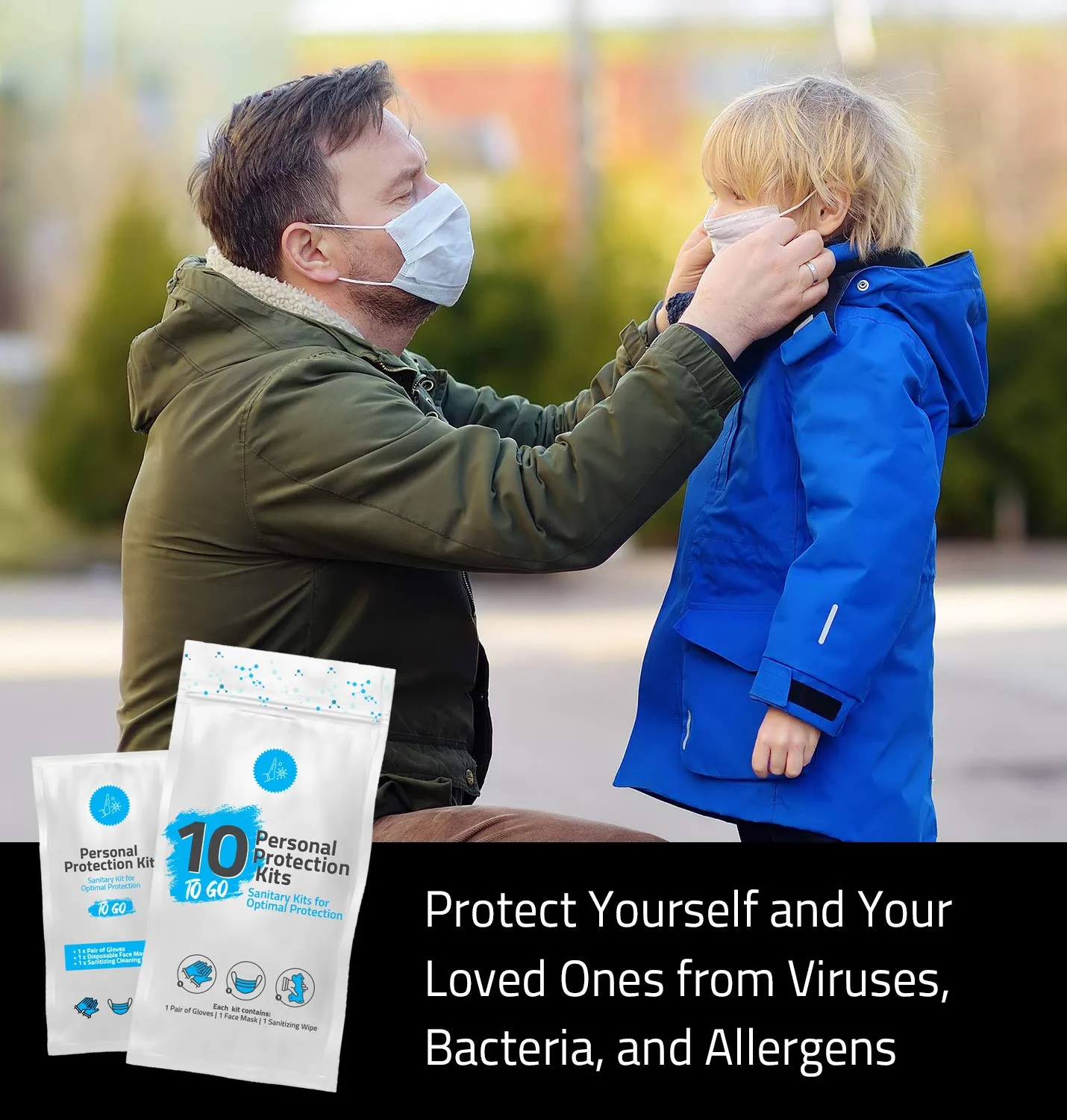 Personal Protection Kits – Mini 3 Item 10 PACK | Convenience on the Go | Individually wrapped pack for travelling | PPE Kit | Plastic Gloves, Hand Cleansing Wipes, Disposable Face Mask (Orange)