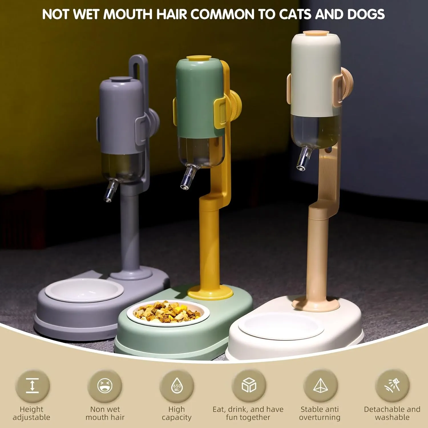 Pet Standing Water Dispenser Cat Dog Standing Ceramic Bowl Automatically Feeding Water Height Adjustable Detachable Pole (Grey, Large)