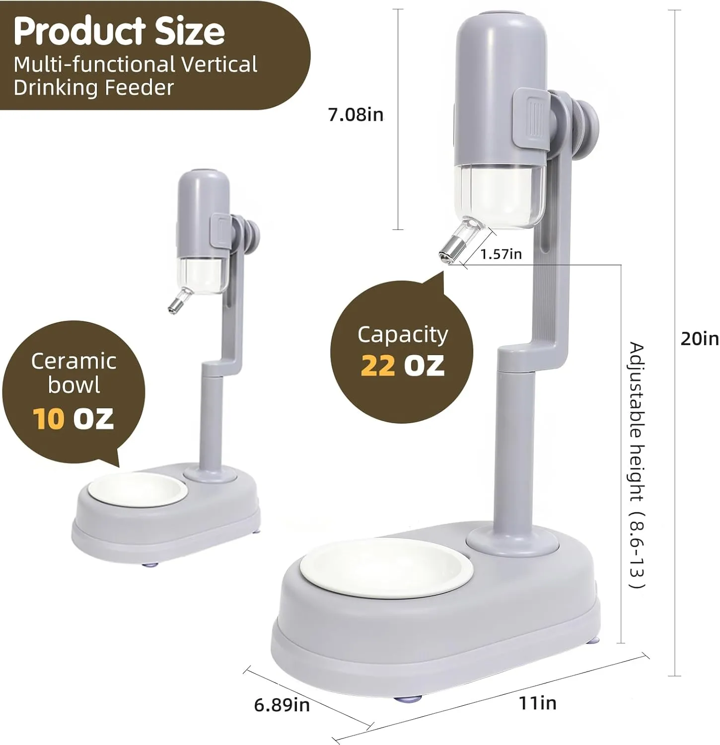 Pet Standing Water Dispenser Cat Dog Standing Ceramic Bowl Automatically Feeding Water Height Adjustable Detachable Pole (Grey, Large)