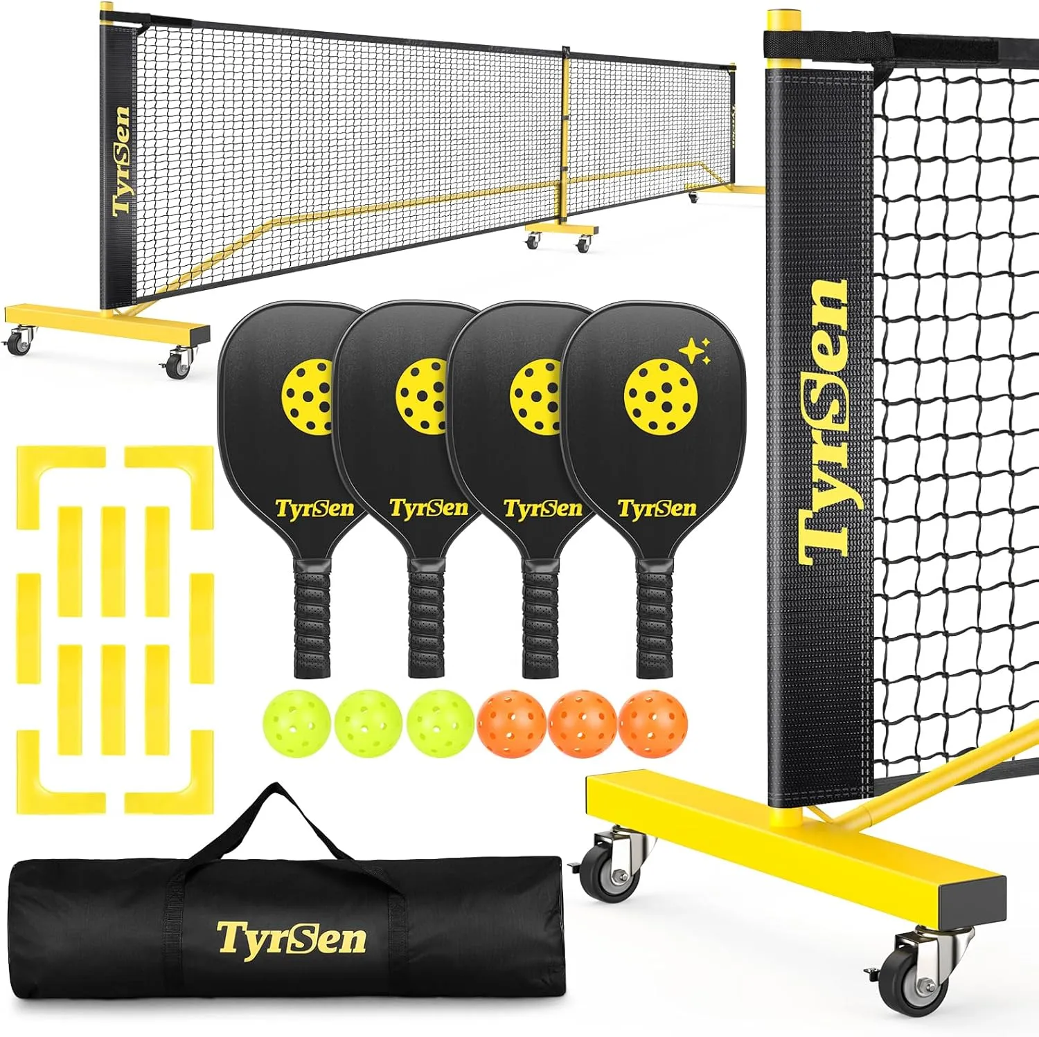 Pickleball Net Set, Pickleball Net on Wheels for Driveway Backyard, 22FT Regular Size, 4 Pickleball Paddles & 6 Balls, 12 Court Markers, 1 Carry Bag, Pickleball Set for Indoor Outdoor Play