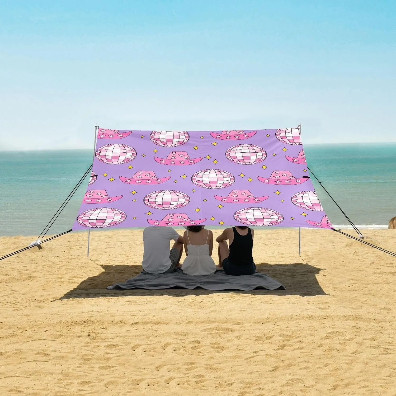 Pink Disco Balls and Cowgirl Hats Beach Canopy Tent Anti-UV & Wind Resistant, Camping Sun Shelter Easy Setup Portable,Outdoor Shade Tents with Sandbags,Sand Shovels,Ground Pegs & Stability Pole