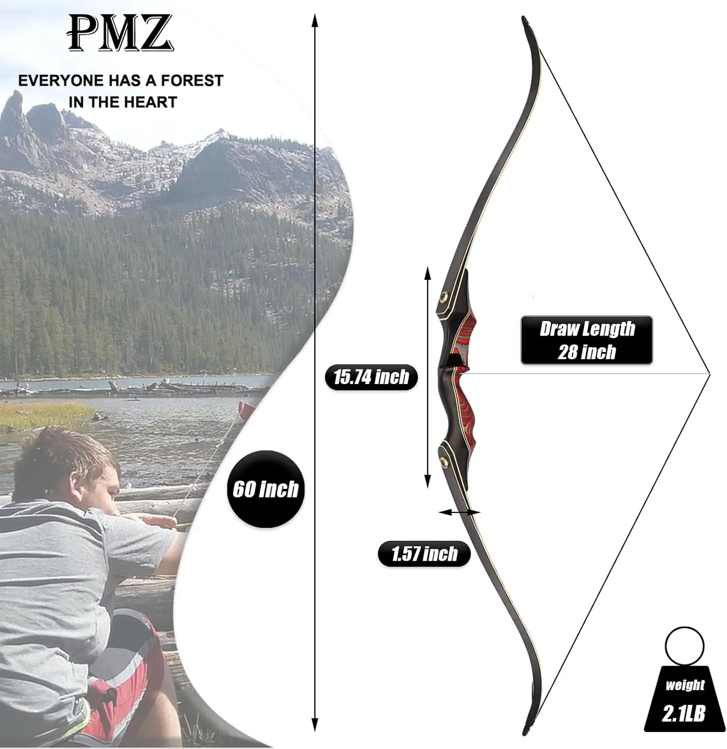 PMZ Recurve Bow and Arrow Set, Newset Professional Aldults Archery Hunting Bow Kit, 60'' Wooden Takedown Bow, for Youth Beginners to Advanced Outdoor Practice & Hunting, Right Hand, 20-60 lbs