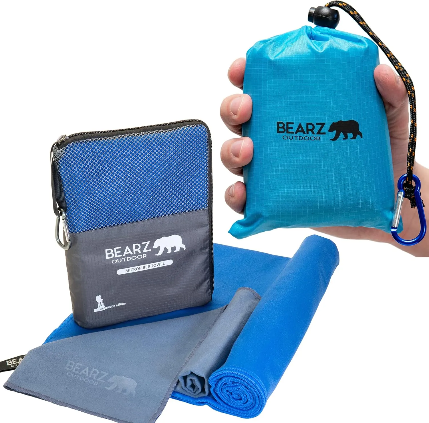 Pocket Blanket and Quick Dry Towel Travel Towel bundle (Blue), Beach Blanket, Microfiber Towel, Camping Towel and Camping Tarp Picnic Blanket