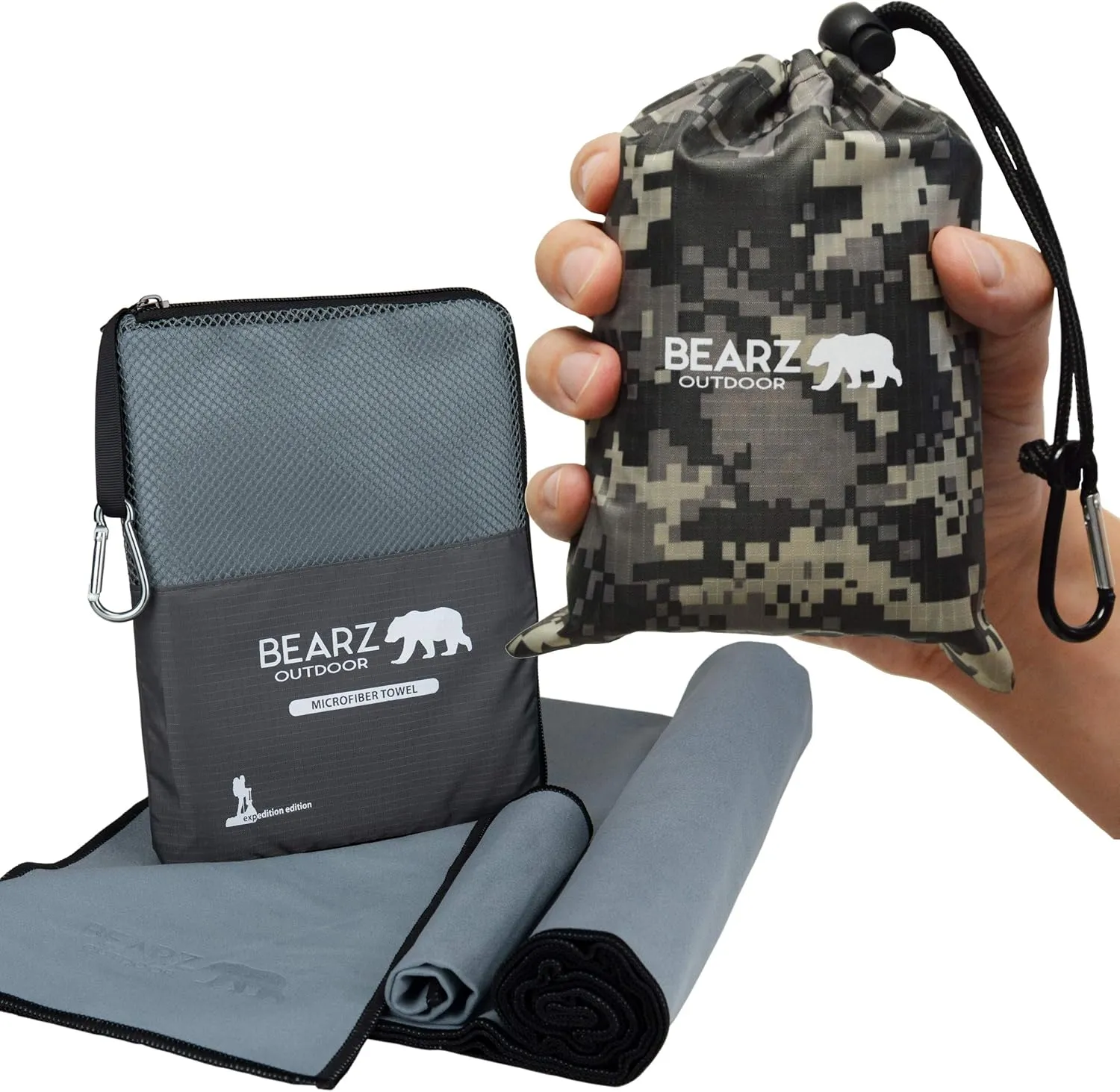 Pocket Blanket and Quick Dry Towel Travel Towel bundle (Gray), Beach Blanket, Microfiber Towel, Camping Towel and Camping Tarp Picnic Blanket