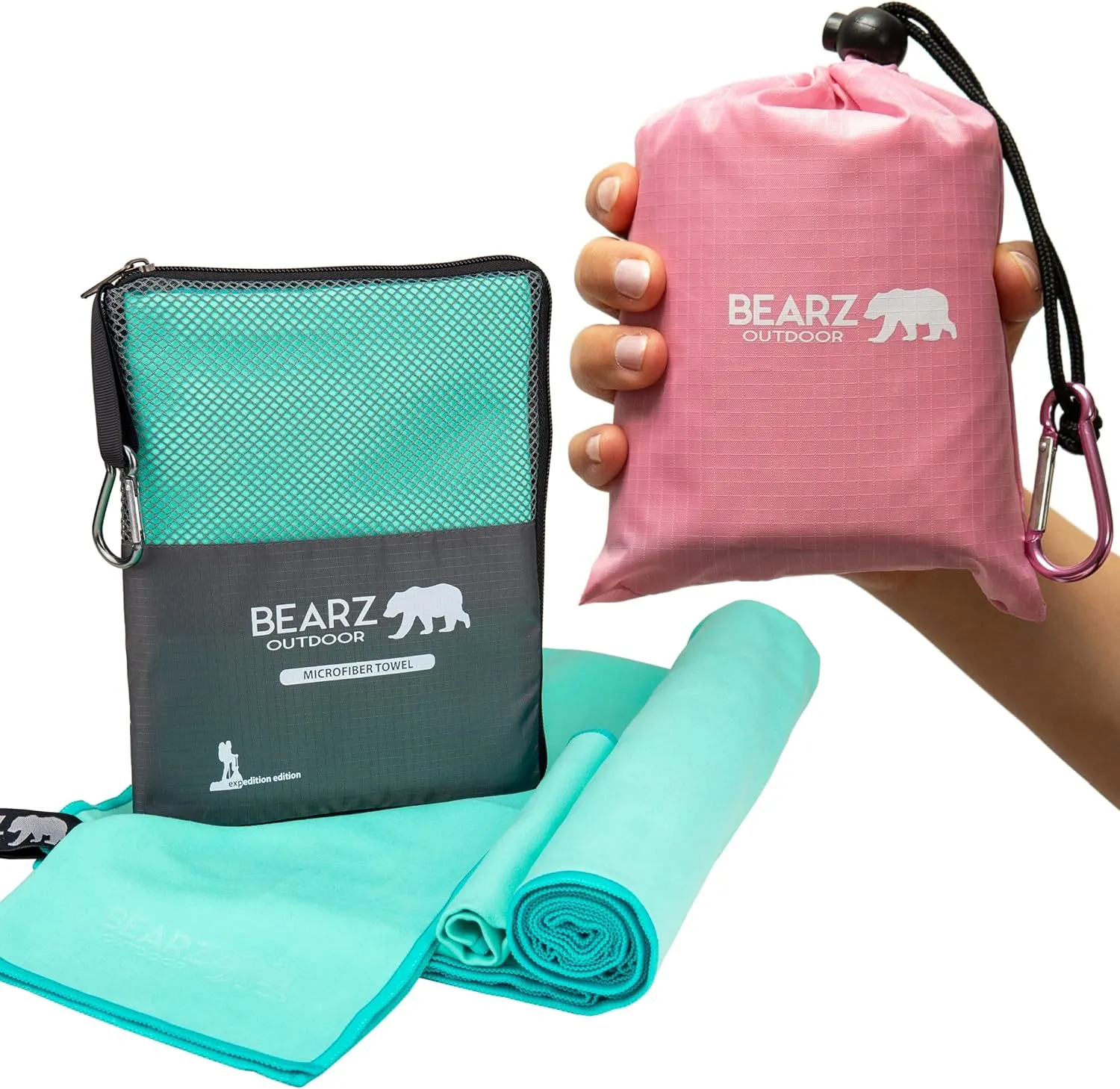 Pocket Blanket (Pink) and Quick Dry Towel Travel Towel bundle (Green), Beach Blanket, Microfiber Towel, Camping Towel and Camping Tarp Picnic Blanket