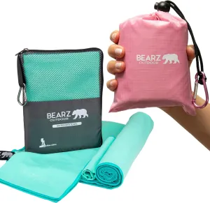 Pocket Blanket (Pink) and Quick Dry Towel Travel Towel bundle (Green), Beach Blanket, Microfiber Towel, Camping Towel and Camping Tarp Picnic Blanket