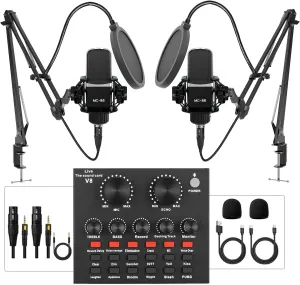 Podcast Equipment Bundle for 2, All-in-One Audio Interface with Studio Condenser Microphone Perfect for Podcasting, Recording, Singing, Streaming and Gaming, PC, Smartphone, YouTube, TikTok
