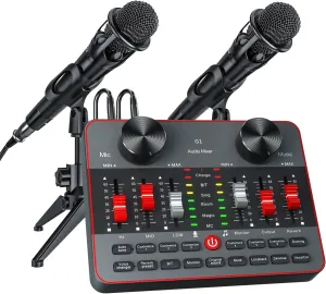 Podcast Equipment Bundle for 2 Mic Tiktok Video Content Creator Kit, Audio Interface DJ Mixer Sound Card/Board Condenser Microphone for Studio Smartphone/PC/Laptop Broadcast Recording