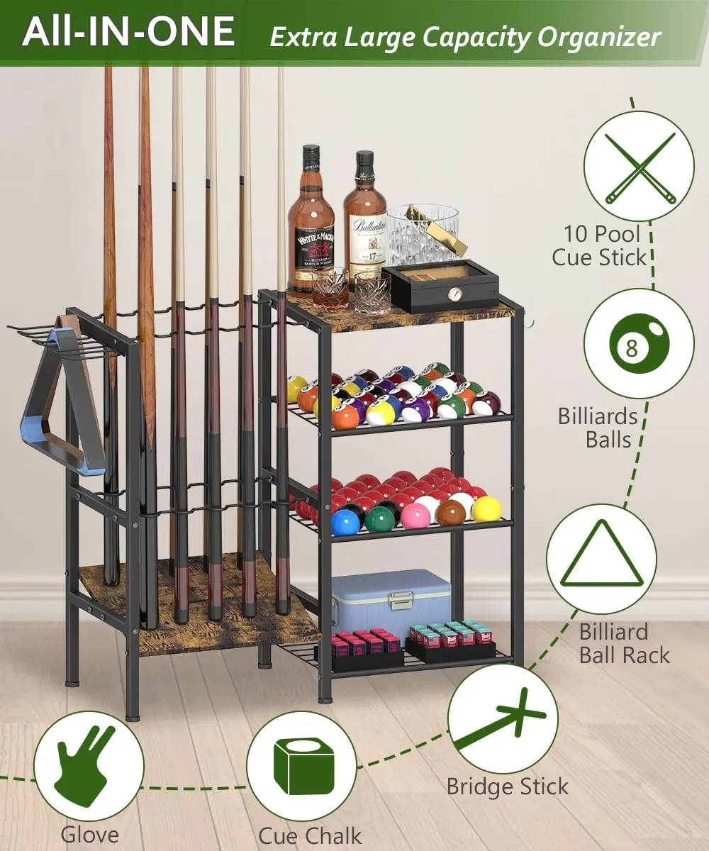 Pool Stick Holder for 10 Cue Sticks, Pool Cue Rack Floor Stand with 4-Tier Storage Shelf for Billiard Accessories, Billiard Equipment Organizer for Game Room Club or Men Cave, Black