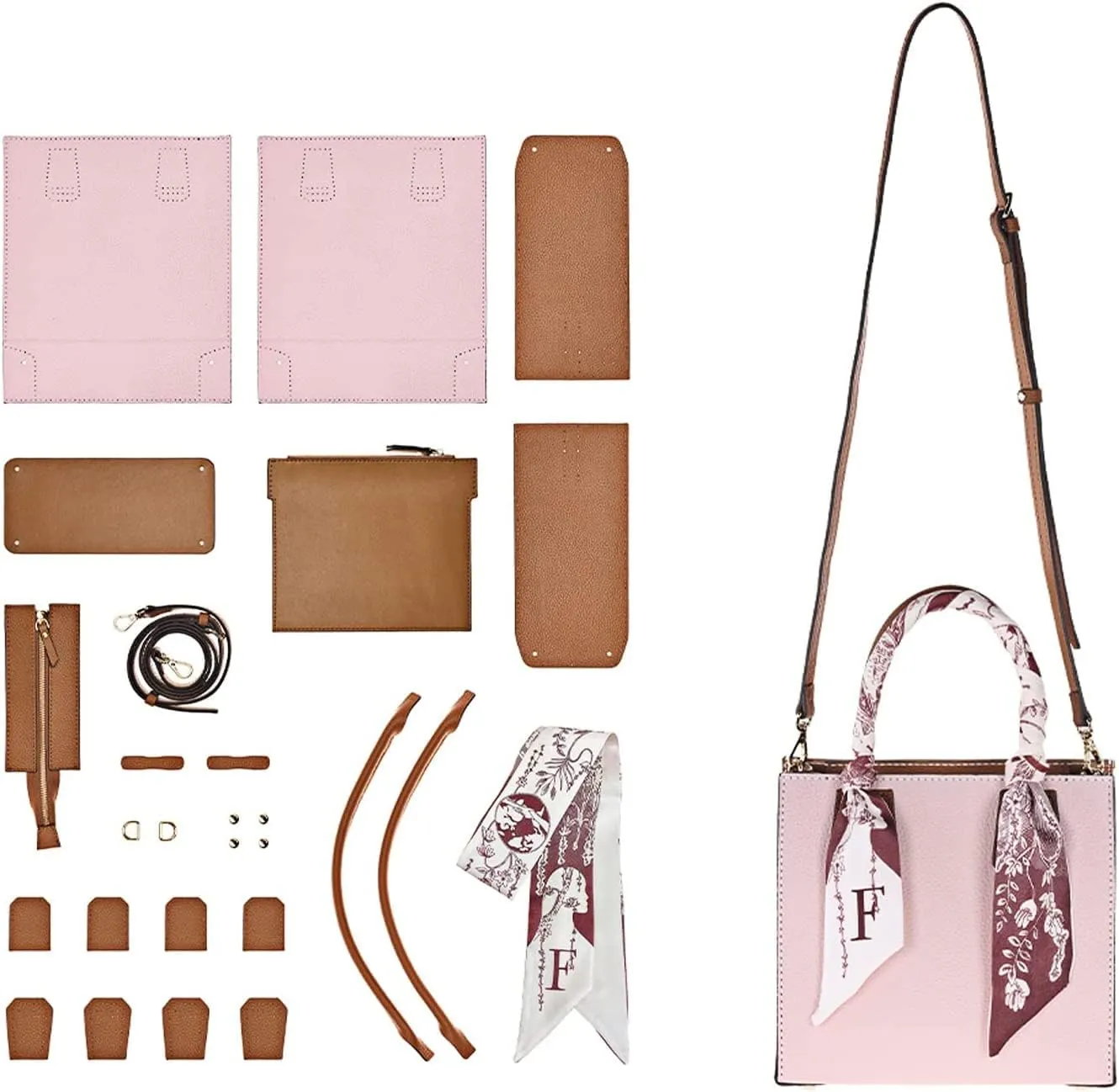 POPSEWING Top Grain Leather Mini Tote Handbag DIY Kit, Crossbody Shoulder Bag with Sewing Kits for Women, Girls, DIY Leather Bag Kit for Personalized Gift (Pink)