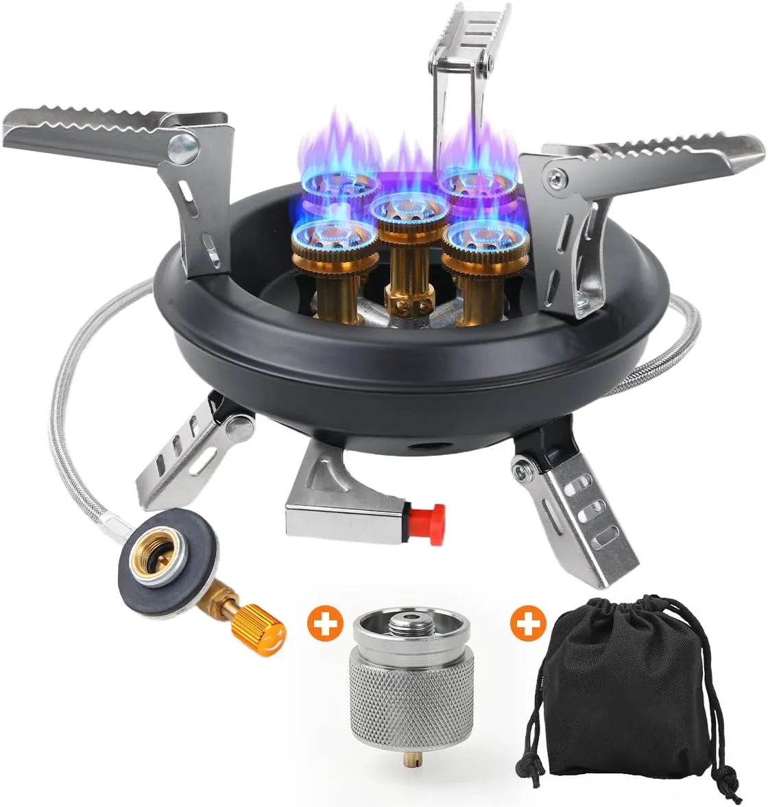 Portable Camping Stove with Propane Adapter - GEEKHOM 16000W Windproof Gas Stove Foldable Backpacking Stove, Piezo Ignition & Stable Pot Support for Outdoor Cooking Hiking
