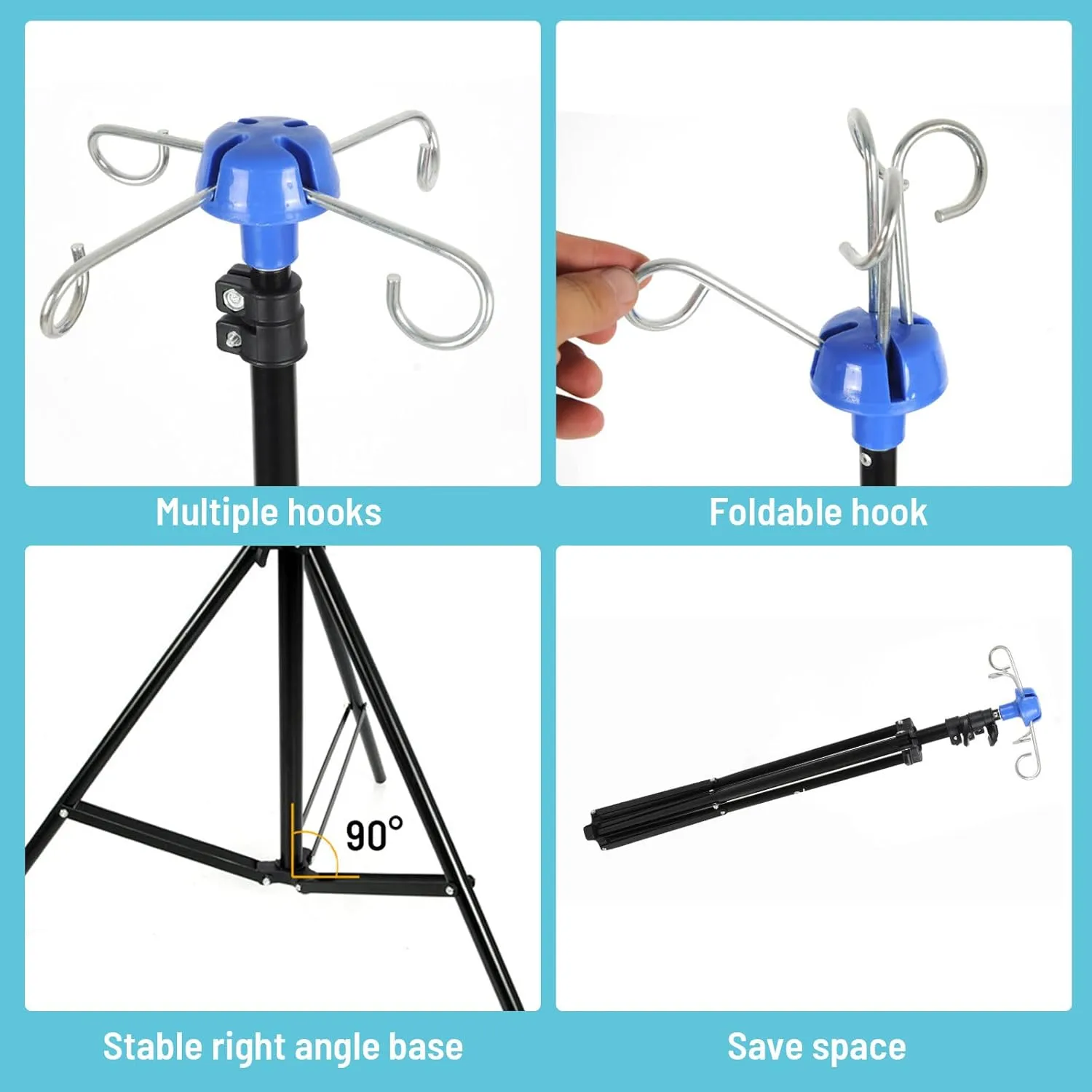 Portable Collapsible IV Pole Stand, Aluminum Alloy, 4 Hook 3 Leg, Adjustable Height ，for Hospitals, Clinics, Wheelchairs and Beds