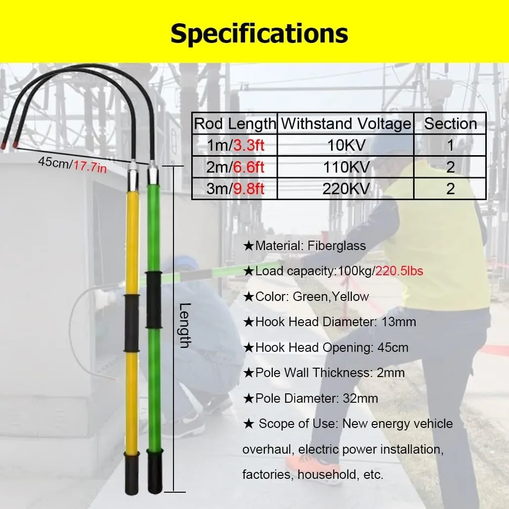 Portable High Voltage Insulated Rescue Hook, Electrocution Emergency Rescue Pole with Hook, Fire Electrician Factory Home(Yellow,3.3Ft)