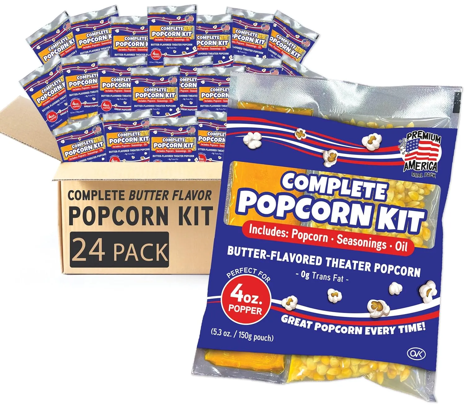 Premium America Popcorn Kit, 24 Packs for a 4 oz Popper, Movie Theater Popcorn Kernels, Oil & Seasoning Pack, Bulk All in One, Popcorn Gifts