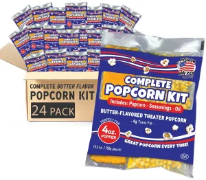 Premium America Popcorn Kit, 24 Packs for a 4 oz Popper, Movie Theater Popcorn Kernels, Oil & Seasoning Pack, Bulk All in One, Popcorn Gifts