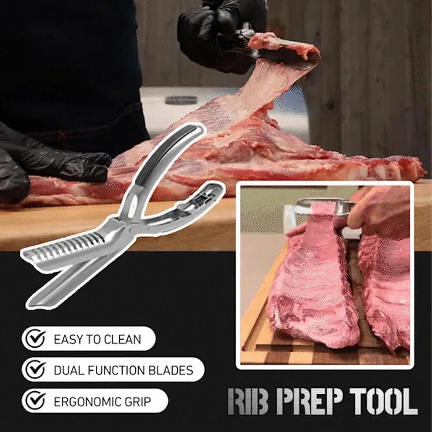 Professional Rib Membrane Remover Stainless Steel Tool Kit - Stainless Steel BBQ Accessories for Rib Prep，Arc Clamp & Non-Slip Grip，Easy Membrane Removal，Dishwasher Safe (3 PCS)