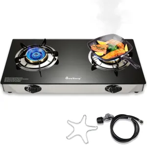 Propane Stove 2 Burner Gas Stove, 28800 BTU High-Efficiency Auto Ignition Tempered Glass LPG Cooktop with CSA Regulator and Hose – for Outdoor Camping, RV, and Emergency Cooking