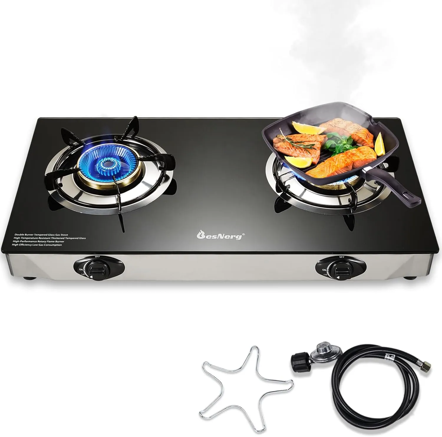 Propane Stove 2 Burner Gas Stove, 28800 BTU High-Efficiency Auto Ignition Tempered Glass LPG Cooktop with CSA Regulator and Hose – for Outdoor Camping, RV, and Emergency Cooking