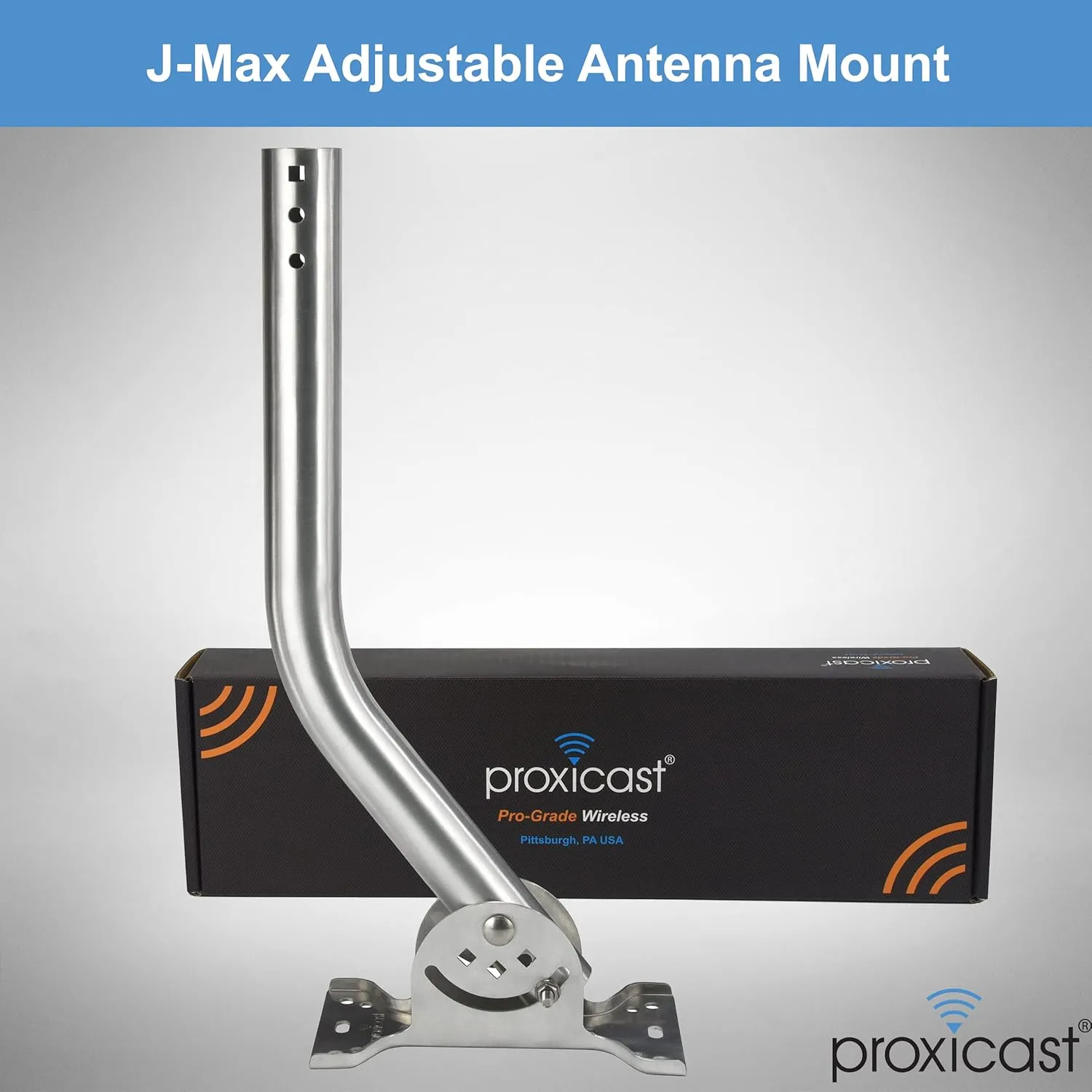 Proxicast Pro-Grade J-Max 100% Solid Stainless Steel Antenna Mount - Universal Outdoor Adjustable Pivot/Lock Bracket & J-Pipe Mast (1.5" x 18" Pole) for Wall, Eave or Roof Mounting (ANT-800-JP3)