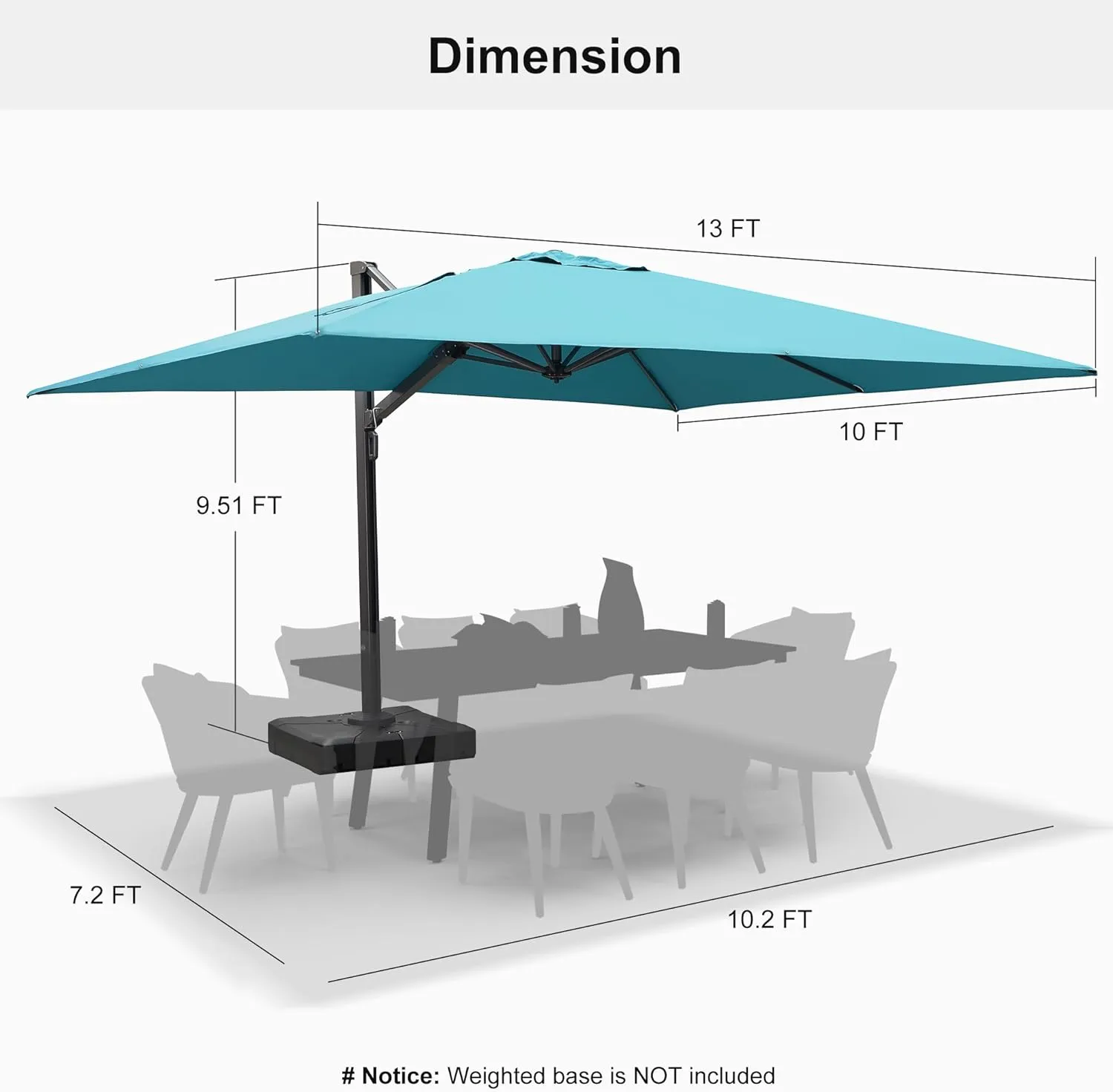 PURPLE LEAF 10' X 13' Rectangle Patio Umbrella Large Outdoor Aluminum Offset Umbrella with 360-degree Rotation Cantilever Umbrella for Garden Deck Backyard Pool, Turquiose Blue