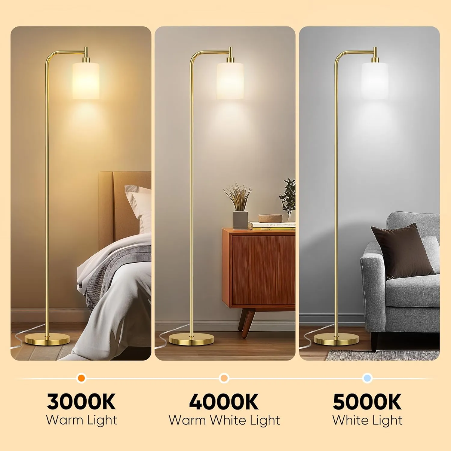QiMH Floor Lamps for Living Room, Modern Standing Lamp with Frosted Glass Shade, Industrial Floor Lamp - Foot Switch, Gold Tall Pole Lamp for Bedroom Home Office (LED Bulbs Included)