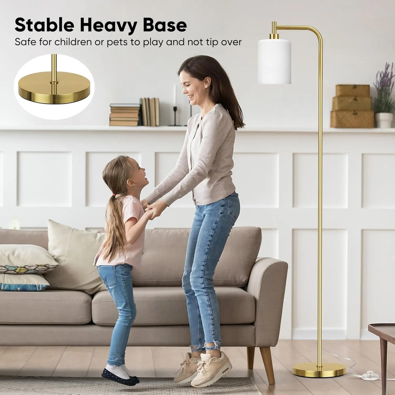 QiMH Floor Lamps for Living Room, Modern Standing Lamp with Frosted Glass Shade, Industrial Floor Lamp - Foot Switch, Gold Tall Pole Lamp for Bedroom Home Office (LED Bulbs Included)