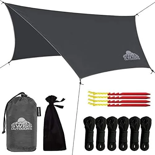 Rain Fly Tarp | Waterproof Tent Camping Shelter Canopy | Lightweight Easy Setup for Hammock, Backpacking or Camp Gear | Premium Quality 12 x 9 ft | Gray