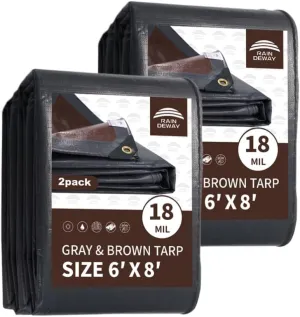 RAINDEWAY 6x8 Feet (2 Pack) Super Heavy Duty Poly Tarp - 18 Mil, UV Resistant, Weatherproof, Multipurpose Waterproof Tarp with Grommets and Reinforced Edges, Brown/Gray