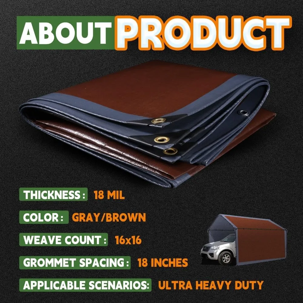 RAINDEWAY 6x8 Feet (2 Pack) Super Heavy Duty Poly Tarp - 18 Mil, UV Resistant, Weatherproof, Multipurpose Waterproof Tarp with Grommets and Reinforced Edges, Brown/Gray