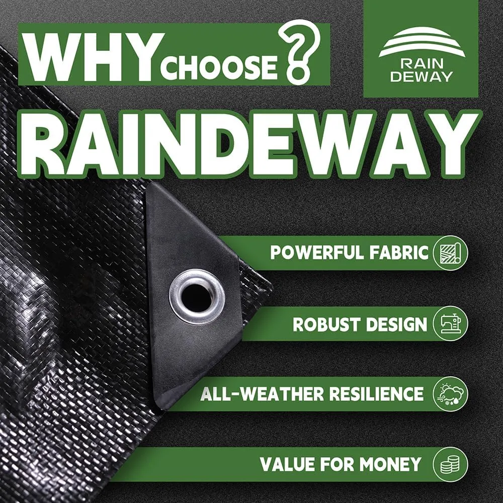 RAINDEWAY Large Tarp 30x50, 8 Mil Thick, Black Tarps Heavy Duty Waterproof, UV Resistant, Cover with Metal Grommets and Reinforced Edges, Finished Size