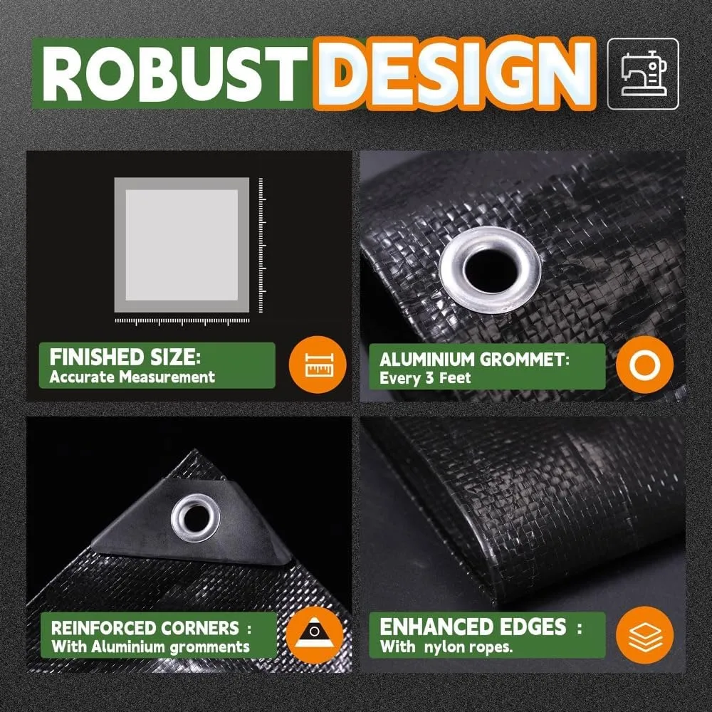 RAINDEWAY Large Tarp 30x50, 8 Mil Thick, Black Tarps Heavy Duty Waterproof, UV Resistant, Cover with Metal Grommets and Reinforced Edges, Finished Size