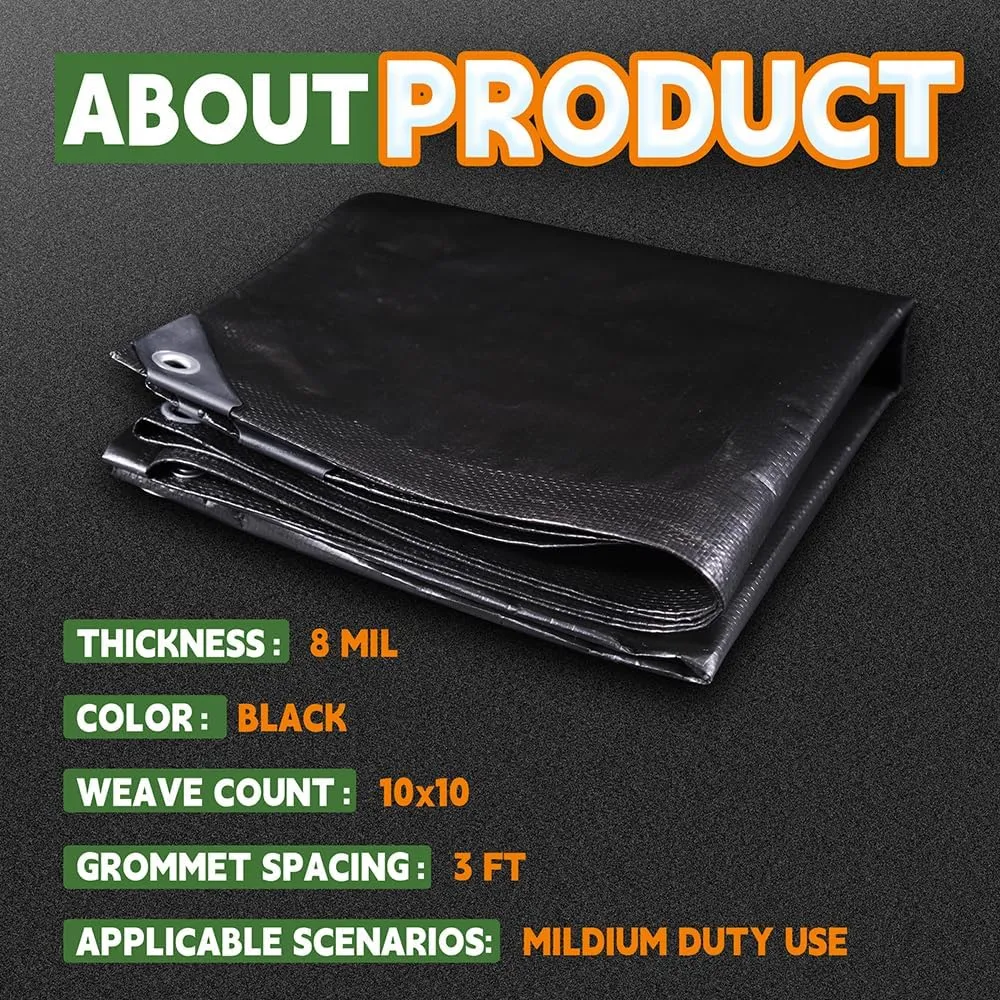 RAINDEWAY Large Tarp 30x50, 8 Mil Thick, Black Tarps Heavy Duty Waterproof, UV Resistant, Cover with Metal Grommets and Reinforced Edges, Finished Size
