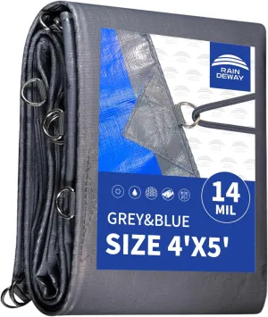 RAINDEWAY Tarps Heavy Duty Waterproof 4x5 Feet -14 Mils Super Heavy Duty Tarp with Metal Rings and Reinforced Corners and Edges, UV Resistant, Multipurpose Poly Tarp,Blue/Gray tarp