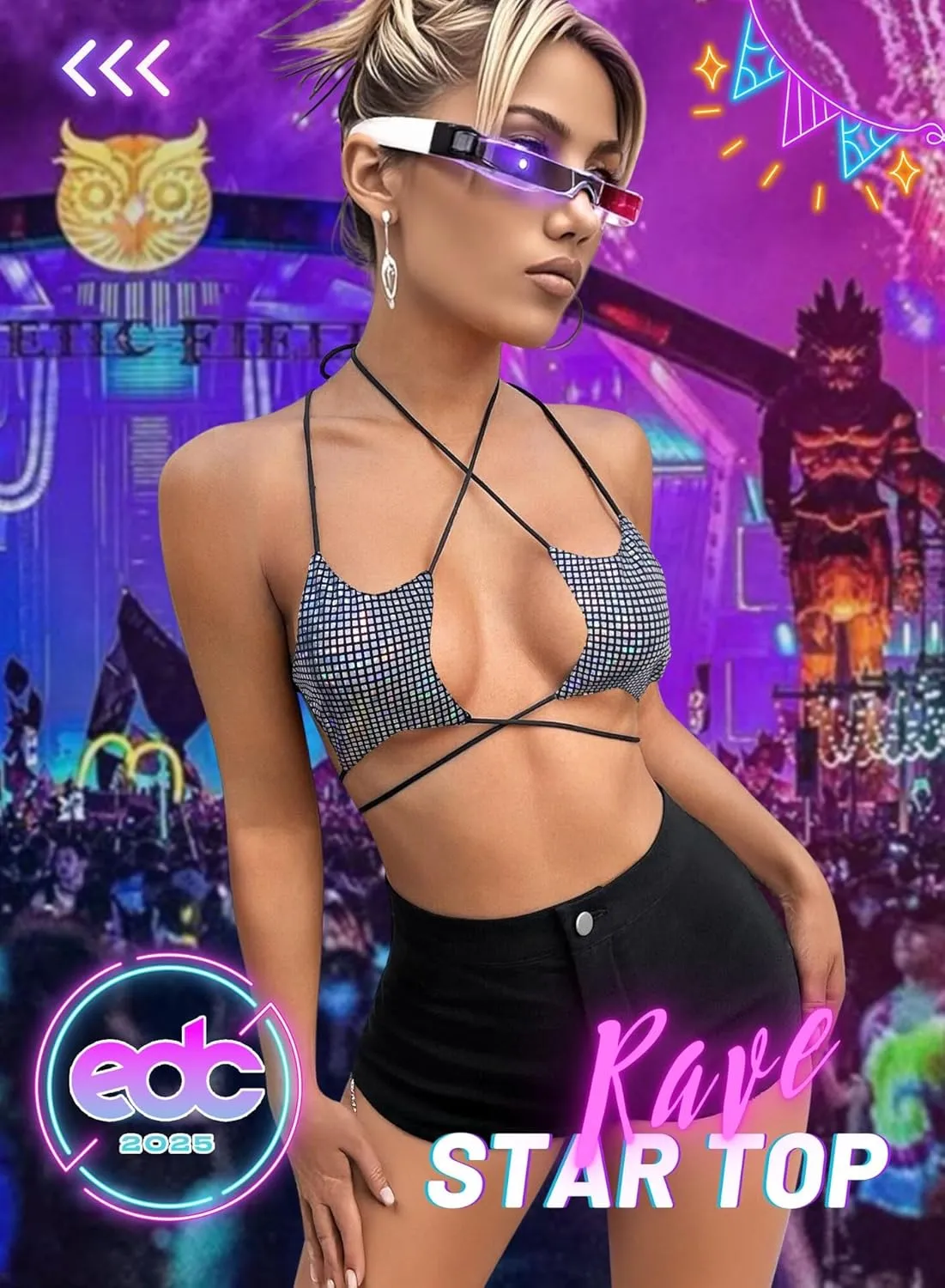 Rave Star Top for Women - EDC Festival Sexy Halter Party Dance Bra Backless Strappy Crisscross Wrap Tie Outfits