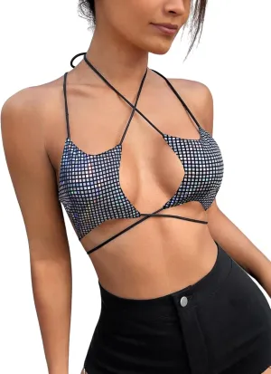 Rave Star Top for Women - EDC Festival Sexy Halter Party Dance Bra Backless Strappy Crisscross Wrap Tie Outfits