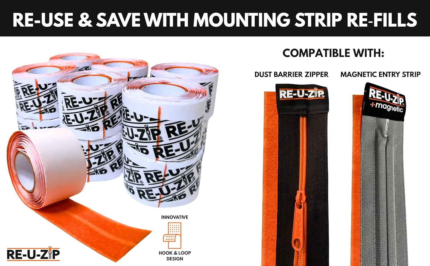 RE-U-ZIP® Heavy-Duty Reusable Dust Barrier Zipper (Pro Bundle)   Reusable Magnetic Entry Strip™ | Patented Self-Closing Dust Barrier Zipper (Starter Kit)