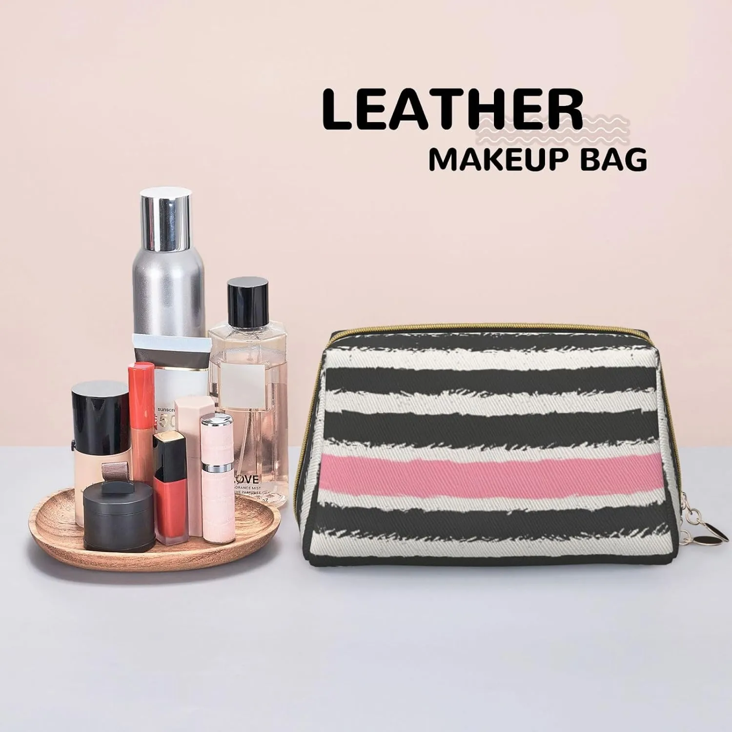 Red & Gray Stripes Toiletry Pouch, Travel-Friendly Makeup Organizer For Makeup Brushes, Lipsticks