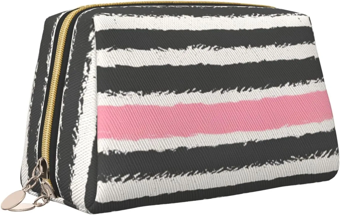 Red & Gray Stripes Toiletry Pouch, Travel-Friendly Makeup Organizer For Makeup Brushes, Lipsticks