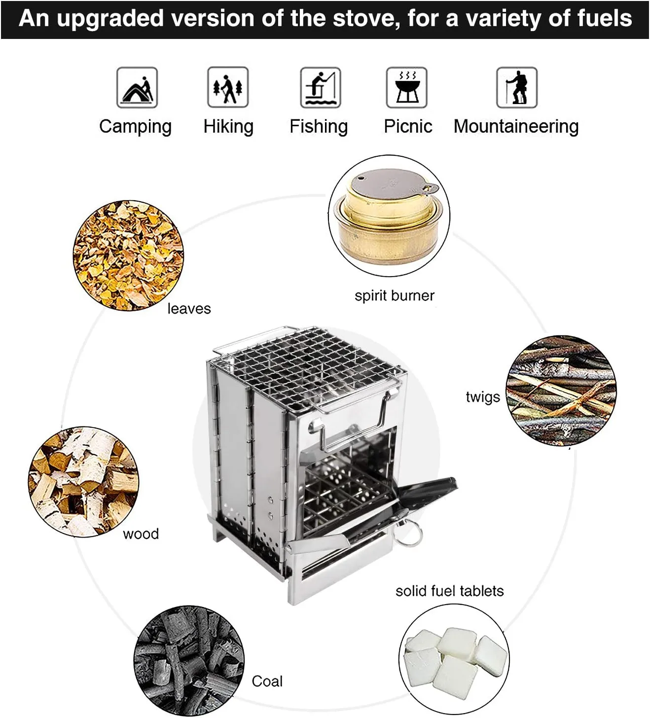 REDCAMP Wood Burning Folding Camp Stove Stainless Steel Grid, Portable Collapsible Backpacking Stove Survival Rocket Stove for Hiking Outdoor Tent Camping Picnic BBQ, Samll
