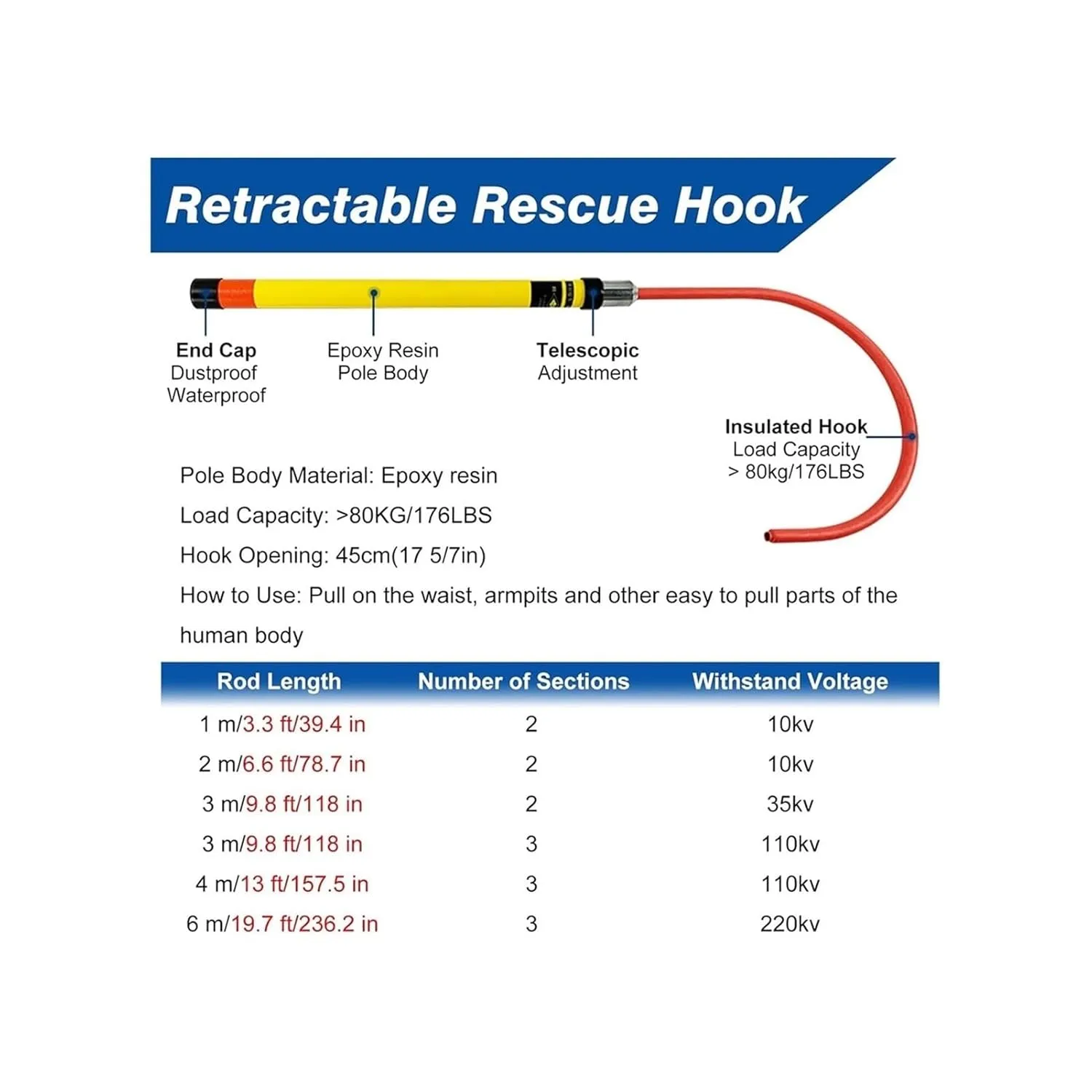 Rescue Hook, 3.3ft 6 Foot 9.8ft 13ft Electrical Safety Insulation Retractable Pull Rod/Pole for Firefighting Electrician, High-Voltage Anti Electric Shock Tool(300cm/9.8 ft - 3 Sections)
