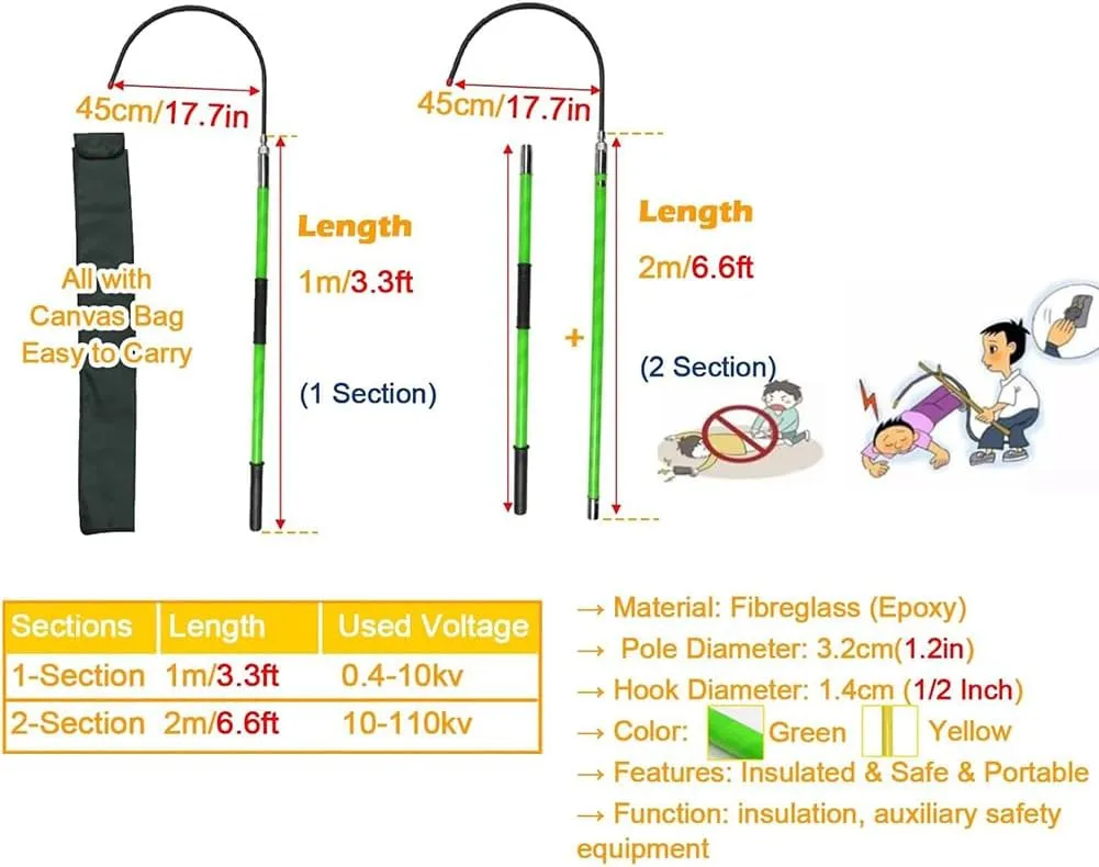 Rescue Hook, Fire Electrician Specialized Equipment for Electric Shock Rescue, Anti Electric Insulated Pole with Anti Slip Handle,Green,2m/6.6ft