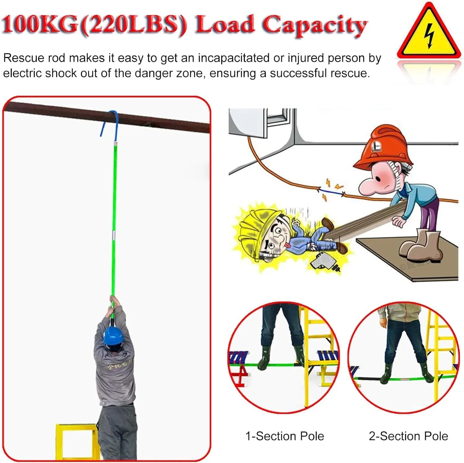 Rescue Hook, High Voltage Insulated Rescue Hook, Lightweight Anti Electric Shock Pole for New Energy Vehicle Repairs, 10KV 35KV 110KV 220KV(Yellow 4pack,3.3ft/1m-10kv)