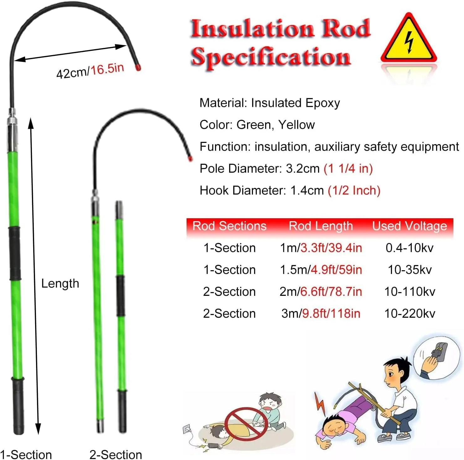 Rescue Hook, High Voltage Insulated Rescue Hook, Lightweight Anti Electric Shock Pole for New Energy Vehicle Repairs, 10KV 35KV 110KV 220KV(Yellow 4pack,3.3ft/1m-10kv)