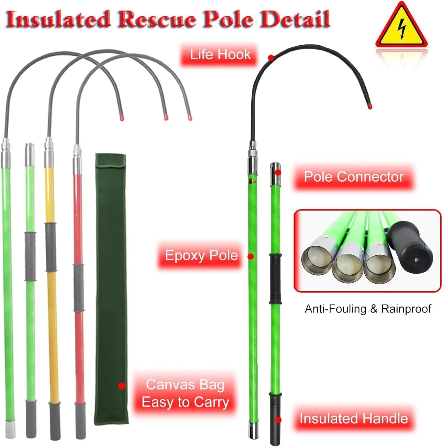 Rescue Hook, High Voltage Insulated Rescue Hook, Lightweight Anti Electric Shock Pole for New Energy Vehicle Repairs, 10KV 35KV 110KV 220KV(Yellow 4pack,3.3ft/1m-10kv)