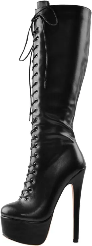 richealnini Lace Up Platform Knee High Boots for Women Side Zipper Wide Calf Boots