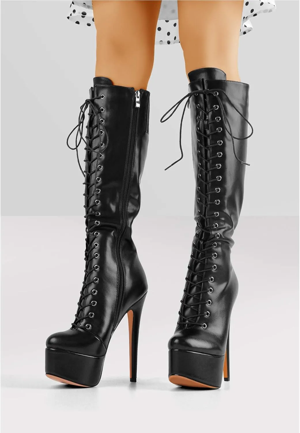 richealnini Lace Up Platform Knee High Boots for Women Side Zipper Wide Calf Boots
